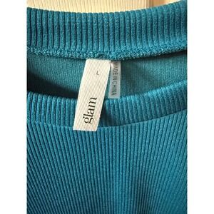 Glam Ribbed Bell Sleeve‎ Crew Neck Long Sleeve Top Teal Blue Size L